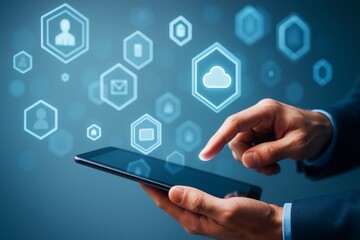 Aufkleber - Businessman using tablet with cloud technology icons on blue background for digital data management and modern cloud computing concept.