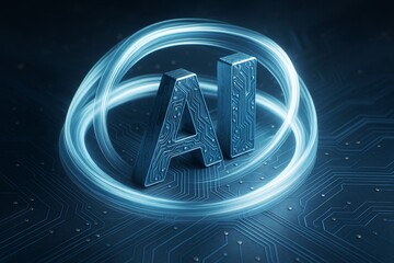Aufkleber - Futuristic AI letters with circuit patterns and glowing light rings on tech-inspired background in abstract digital style.