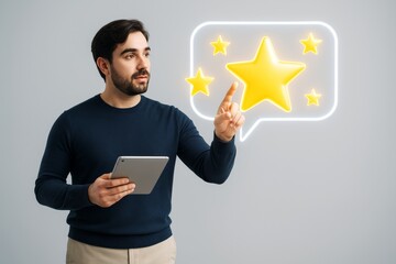 Poster - Man interacting with glowing star rating interface while holding tablet, representing tech feedback concept on light background. Ai generative.