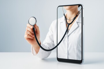 Poster - Doctor with stethoscope emerging from smartphone screen on white surface, symbolizing telemedicine technology and virtual healthcare concept.