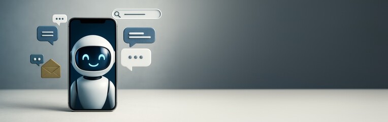 Poster - Chatbot robot character on smartphone screen with message icons on clean gradient background for tech banner or advertising template mockup.