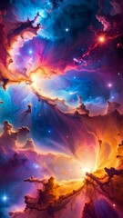 Wall Mural - Vibrant ethereal cosmic nebula, with swirling clouds of gas and dust illuminated by distant stars, creating a sense of wonder and expansive universe