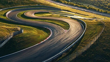 Wall Mural - a captivating aerial shot captures an empty f1 track complex winding through a serene landscape, sho