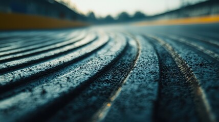 Wall Mural - a close-up capture of an empty f1 track, showcasing the textured asphalt and ripples. the early morn