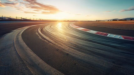 Wall Mural - captivating panoramic view of an empty f1 track at sunrise, showcasing stunning curves and vibrant c
