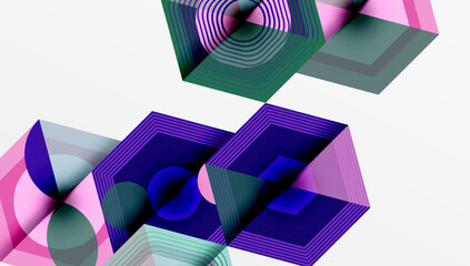 Aufkleber - Abstract geometric composition. Layers intersect, creating optical illusion. Pink, purple, teal hues dominate design. Minimalist, modern aesthetic.