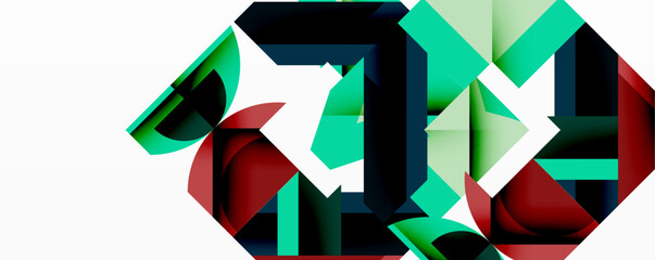 Aufkleber - Abstract geometric shapes overlap, creating dynamic composition. Green, red, black colors dominate white background. Modern design.