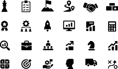 Poster - Business strategy and management icons set in black representing concepts of success and growth
