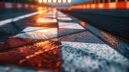 Wall Mural - a close-up view of a finish line on an empty racing track. the wet surface reflects vibrant lights, 
