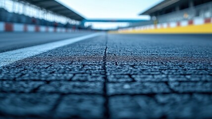 Wall Mural - a close-up view of an empty formula 1 track, highlighting the cracked asphalt surface and perspectiv