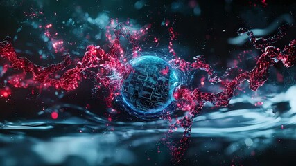 Poster - A digital sphere with circuit patterns is enveloped by dynamic, twisting red and blue energy streams in a futuristic setting.