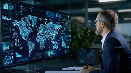 Aufkleber - A business professional analyzes a digital world map with data graphs and network connections on a large computer screen in an office.