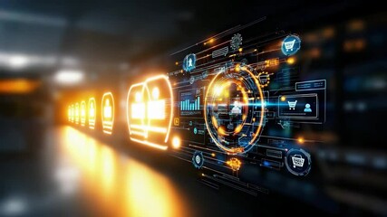 Aufkleber - A glowing digital interface with futuristic icons and data visualizations suggests advanced technology and e-commerce innovation.