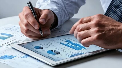 Poster - A person reviews digital financial charts and data on a tablet, analyzing business performance, with printed graphs and a pen.