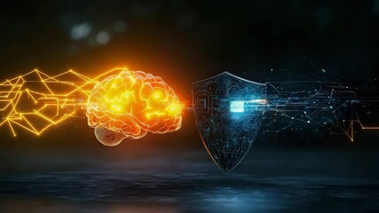 Aufkleber - A glowing digital brain faces a futuristic shield, symbolizing artificial intelligence protection or cybersecurity defense.