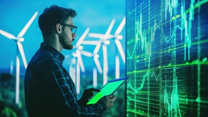 Poster - A man analyzes digital data on a transparent screen with wind turbines in the background, suggesting renewable energy monitoring.