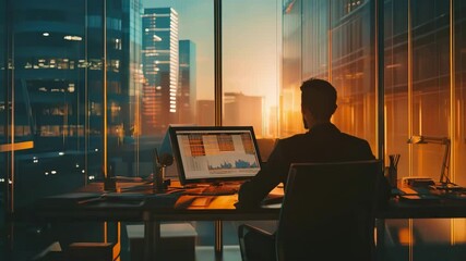 Poster - A man works at a modern office desk with charts on his monitor, surrounded by city skyscrapers at sunset.