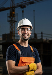 Poster - a builder stands importantly against the background of construction drawings and construction equipment . Generative AI