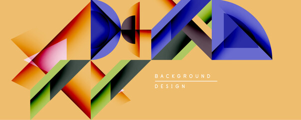 Poster - Abstract geometric composition. Vivid shapes overlap, creating dynamic visual effect. Warm colors dominate, contrasted by cooler blues, greens. Modern design element.