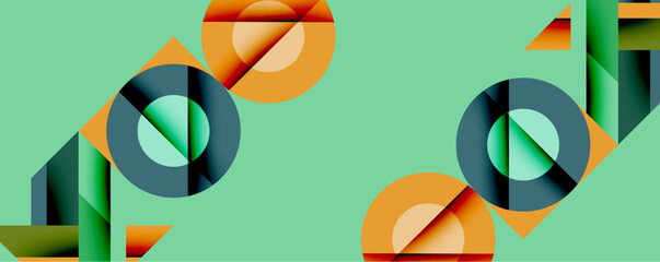 Poster - Abstract geometric composition. Circles, triangles, rectangles overlap creating dynamic visual effect. Mint background enhances vibrant orange, teal hues. Modern design.