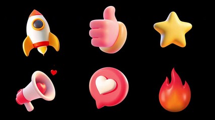 Colorful 3D emoji icons collection animation isolated asset, transparent 4K video, alpha channel, ProRes 4444 set