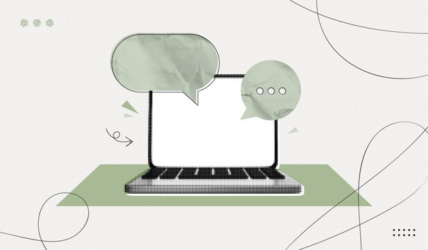 Trendy Halftone Collage Computer laptop with speech bubble messages. Social media communication. Online chat or forum. Discussion and feedback. Contemporary vector illustration art
