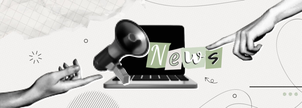 Trendy Halftone Collage Hands with Megaphone and Ransom note style letters. Social media news and propaganda. Headline banner. Pop art design loudspeaker. Contemporary vector illustration art