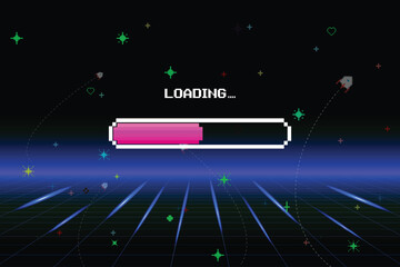 Poster - LOADING. pixel art. 8 bit. retro game. for game assets in vector illustrations. Retro Futurism Sci-Fi Background. glowing neon grid and star from vintage arcade computer game.
