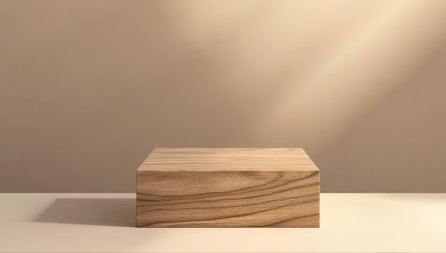 A square wooden podium made of wood, with the texture and shape of real wood, is placed on an empty tabletop.