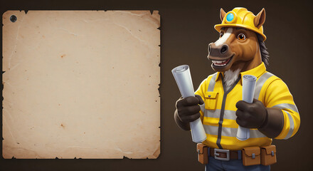 Poster - a horse in a builder's suit with blueprints stands next to an empty banner, space for text or advertising . Generative AI