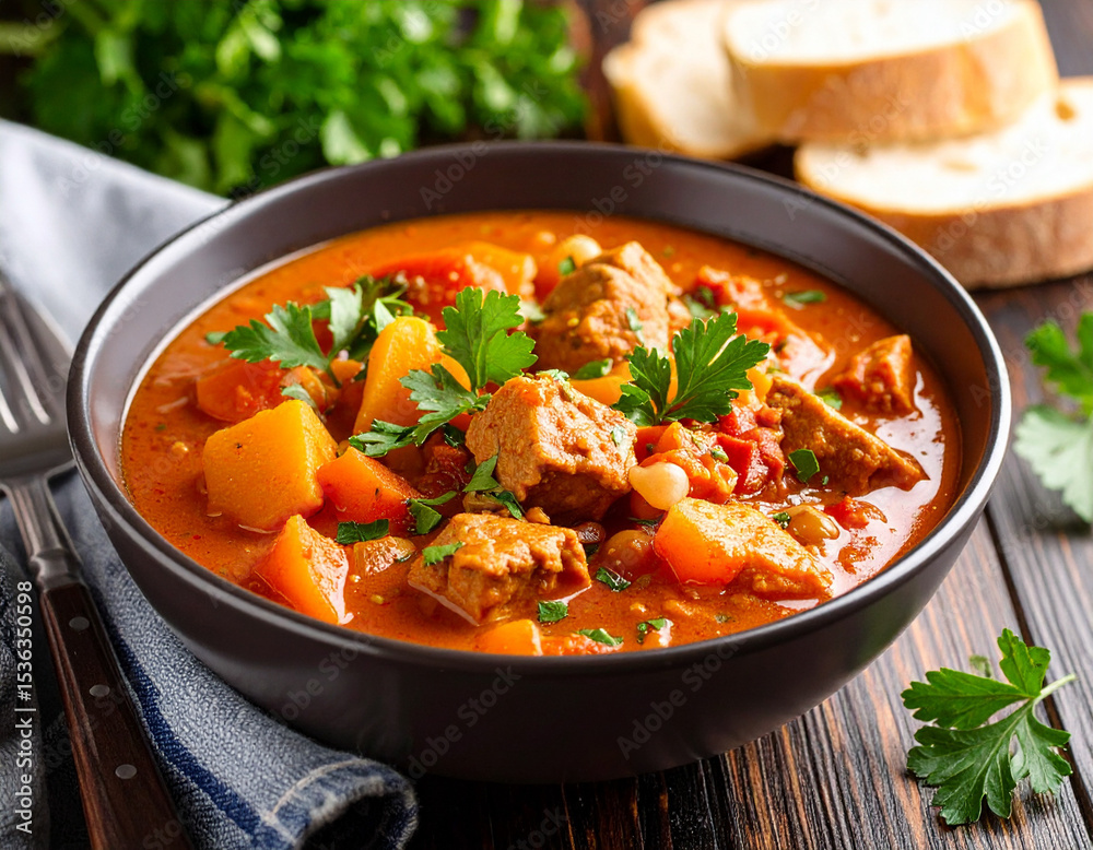 Algerian mloukhia stew served elegantly in a bowl with sliced baguette and fresh coriander alongside.