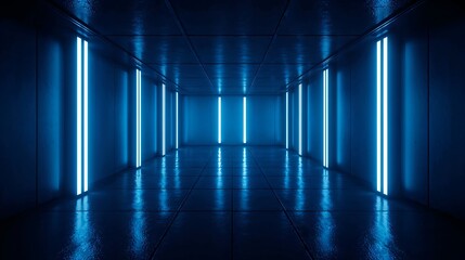 Poster - Futuristic Blue Neon Lit Corridor Digital Interior Reflective Floor Walls Light image