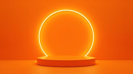Poster - Orange Minimalist Background Neon Circle Light Above Round Platform Display image