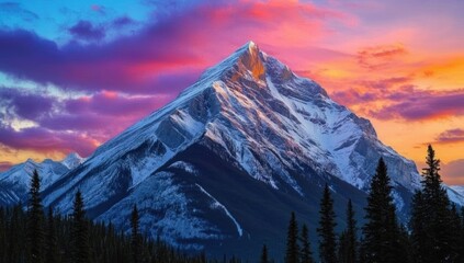 A majestic mountain peak with snow-covered slopes and a vibrant sunset sky, surrounded by pine trees, showcasing the grandeur of nature's landscapes.
