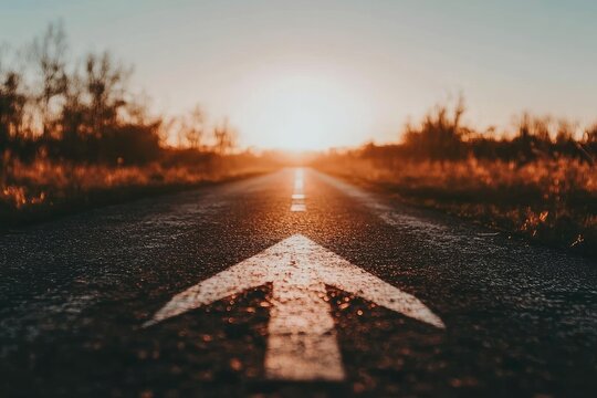 A road with an arrow pointing forward, leading to the horizon at sunset, symbolizing progress and future possibilities.