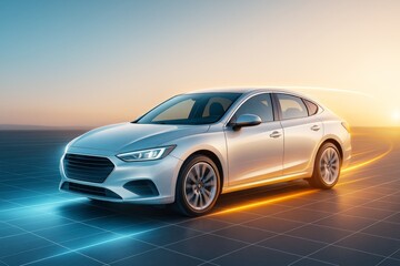 Poster - Futuristic silver sedan car in motion on glowing digital highway with abstract background and dynamic light trails at sunset. Ai generative.