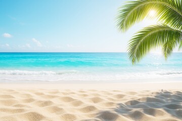 Poster - Tropical beach with golden sand, turquoise sea, palm leaves and sunlight in a peaceful travel background scene. Ai generative.