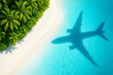 Aufkleber - Airplane shadow over tropical island beach with turquoise water and palm trees, symbolizing summer vacation travel concept and freedom.
