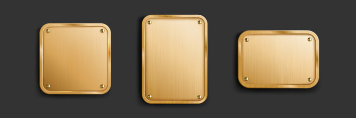 Poster - Gold metal tag collection with screws on dark background. Shiny brass plates in square and rectangular shapes for signage. Premium metallic nameplates with mounting hardware for branding.