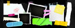 © klyaksun - Y2K photo frame collage with torn paper edges, color tape pieces and transparent scotch on dark background. Retro digital aesthetic with scattered instant photos, plastic fragments and grid patterns.