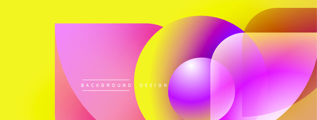 Poster - Vibrant abstract composition. Overlapping circles, squares create dynamic visual effect. Yellow, pink, purple hues dominate design. Modern aesthetic.