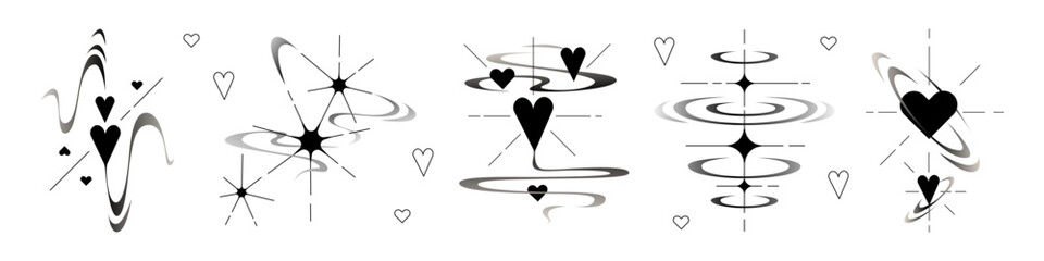 Poster - Y2k star tattoo designs with heart elements, orbital rings and cosmic sparkles. Romantic celestial collection with love symbols, swirling galaxies for nostalgic body art or retro futuristic motifs.