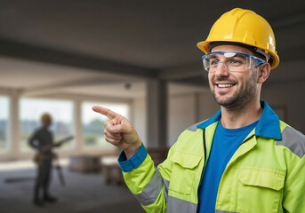 Poster - a builder points to the side against the background of a construction site . Generative AI