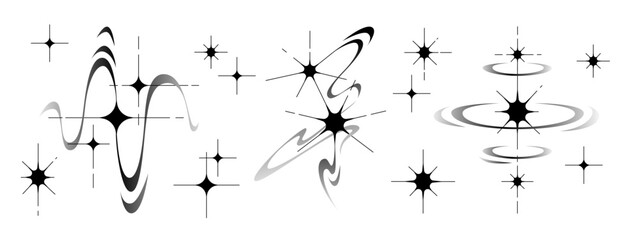 Poster - Y2K star tattoo line art collection with cosmic swirls, orbital rings and celestial sparkles. Minimalist space designs with abstract stellar forms for nostalgic body art or retro futuristic graphic.