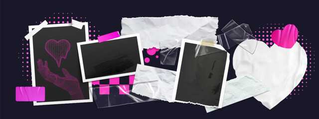 Poster - Retro y2k photo collage with instant foto frames, pink tape and paper textures - nostalgic mood board elements for digital scrapbook design, aesthetic wall art and vintage memory album creation style.