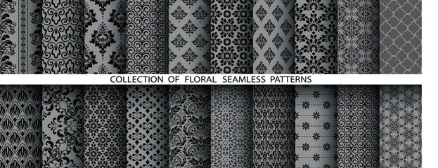 Poster - Geometric floral set of seamless patterns. Gray and black vector backgrounds. Damask graphic ornaments
