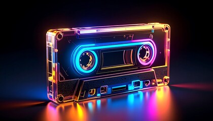 Poster - Neon Glow Cassette Tape Retro Music Vibes with Futuristic Audio, and Dark Background.