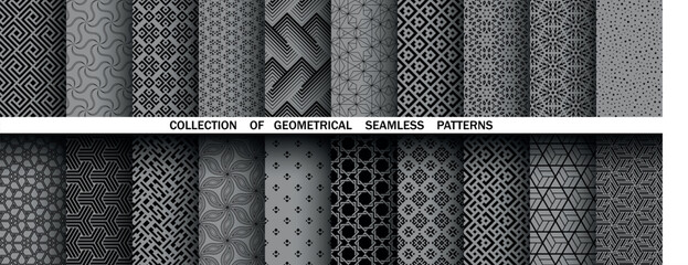 Poster - Geometric set of seamless black and gray patterns. Simple vector graphics