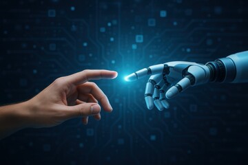 human hand touching robot finger, future connection, technology interaction, digital evolution