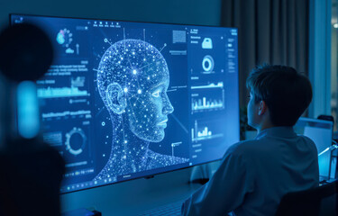 Poster - Boy programming at computer with large screen showing artificial intelligence, futuristic human head hologram made of data and neural network